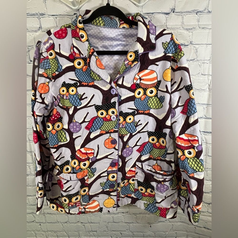 Nick & Nora Purple Owls in Hats Holiday Print Cotton Holiday Pajama Top Size L